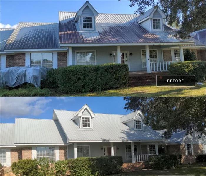 before image of a home with metal, roof that has staining, and an after picture below that has been cleaned.