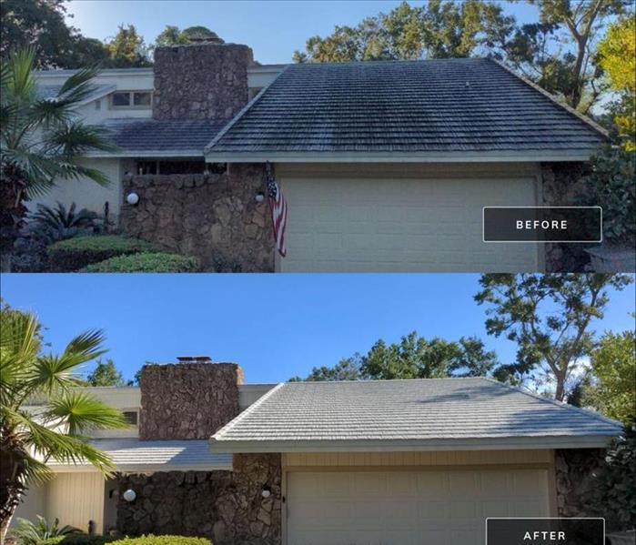 Shingle roof before and after, one with staining and the other without staining